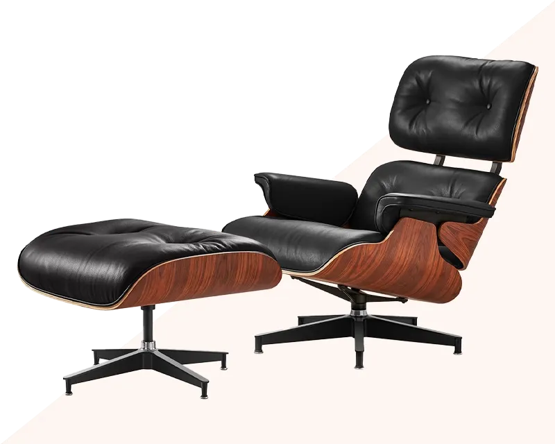 An Eames lounge chair replica in leather and imitation rosewood wood veneer. Curverk offers a good product with fast shipping