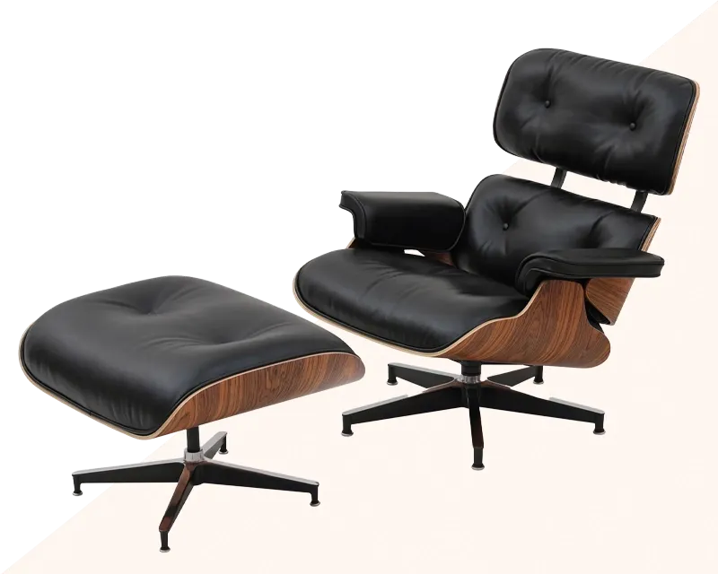 A classic Eames chair replica by Fuleague is shown in black leather with a walnut shell.