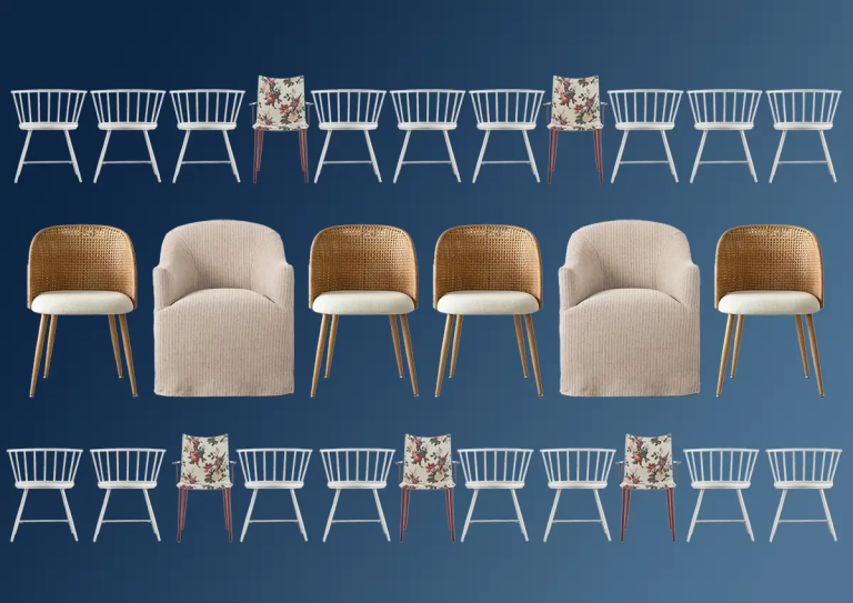 A diagram showing how to mix and match dining chairs. Mixed dining chairs lined up showing upholstered head chairs and cane side chairs